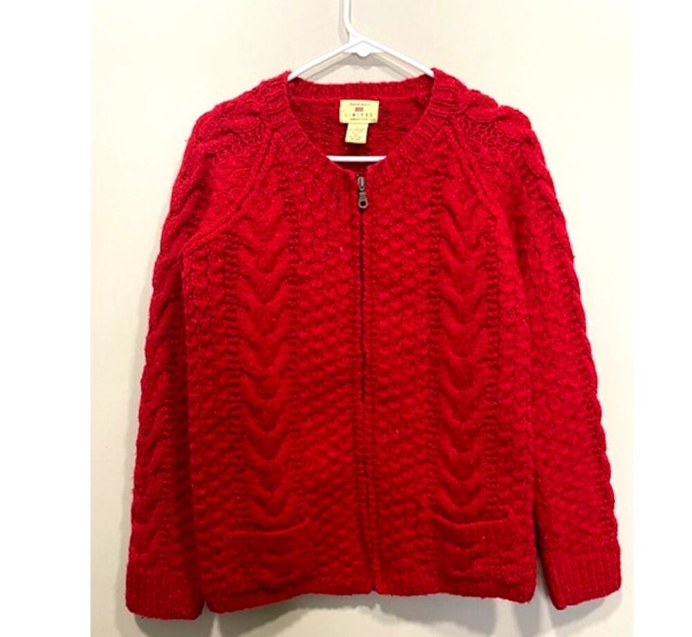 Hand Knit Limited America Red Lambswool Full Zip Sweater Cardigan Women's Sz Sm